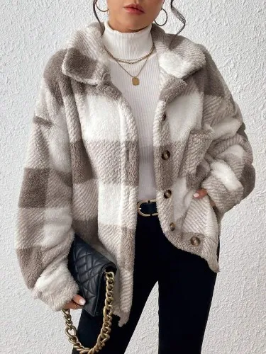 INAWLY Chaqueta con botones aterciopelada a cuadros