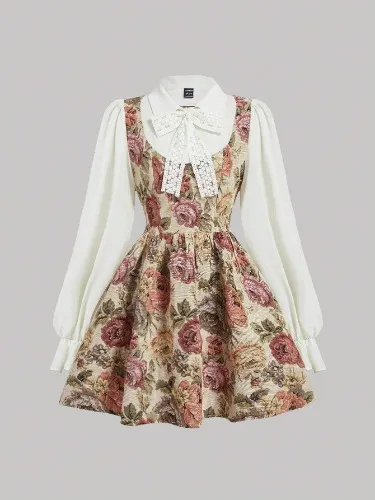 SHEIN Vestido largo de manga larga con estampado floral retro