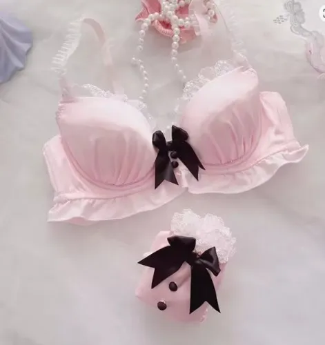 Kawaii Japanese Lolita Lingerie Set - Cute Bow Bra Cover & Panties For Small Chest, Pure Sexy Teen Girl Charm Cup Bra
