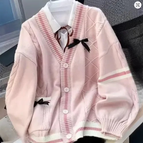 Casual Sweet Bow Cardigan Woman Autumn Winter Japanese Classic Preppy Style Knitted Coats Y2K Vintage Contrast Color V-Neck Tops