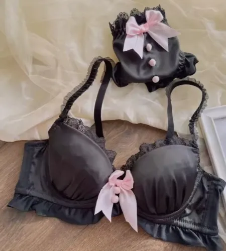 Kawaii Japanese Lolita Lingerie Set - Cute Bow Bra Cover & Panties For Small Chest, Pure Sexy Teen Girl Charm Cup Bra