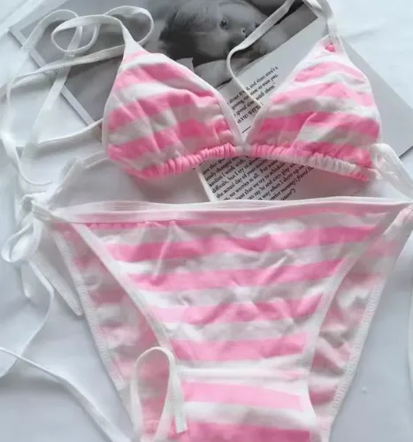 2PCS Women Bra Panties Set Sexy Lingeries Cotton Seamless Kawaii Bikini Lace-up Strap Blue White Striped Suit Female Underwear