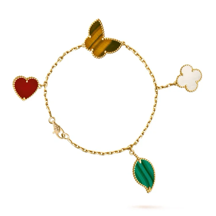 Lucky Alhambra bracelet, 4 motifs 18K yellow gold, Carnelian, Malachite, Mother-of-pearl, Tiger Eye - Van Cleef & Arpels