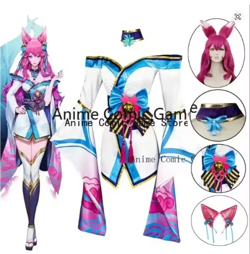 Ahri LOL Cosplay disfraz peluca oreja espíritu flor Liga de Leyendas Cosplay trajes Anime disfraces de fiesta de Halloween para mujeres chica