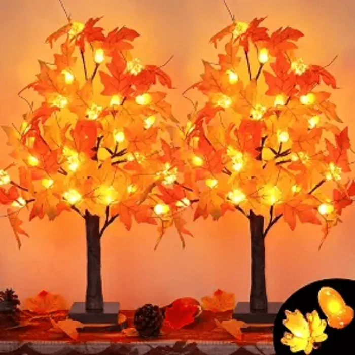 Fall Decorative, Waterproof 80Led Orange Fall Lights with 160 Maple Leaves Path Lights, Solar Lights for Fall Autumn Patio Garden Halloween Thanksgiving Decorations - 4Pack