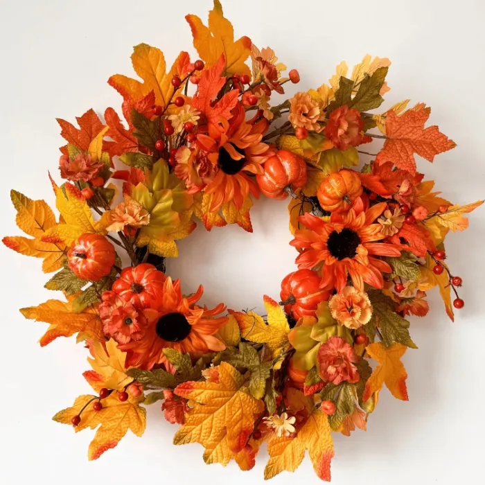 Fall Wreaths for Door Autumn Wreath for Home Decoration | Fall Door Wreaths with Pumpkins Berries Maple Leaves for Thanksgiving Halloween Decorations Indoor Outdoor Home Fall Decor - Tangerine