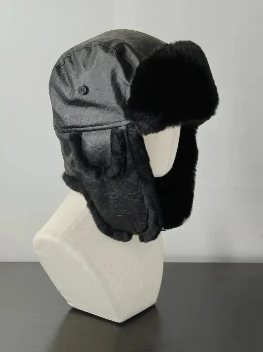 Black Faux Leather Trapper hat