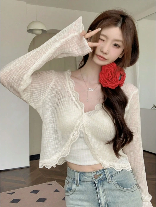  Blue Lace Trim V-Neck Cover Up Shawl