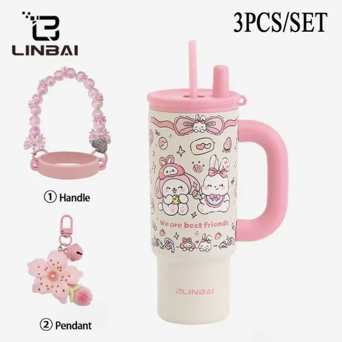 Pink bunny 24oz Insulated Tumbler with straw
