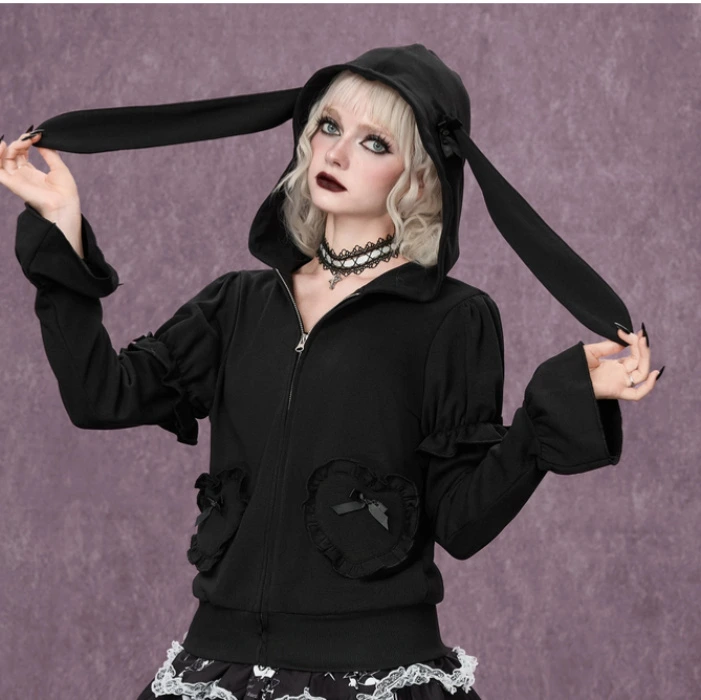 Goth Sudadera con capucha de corte ajustado y frente abierta, estilo Lolita con orejas de conejo kawaii, para Halloween oscuro