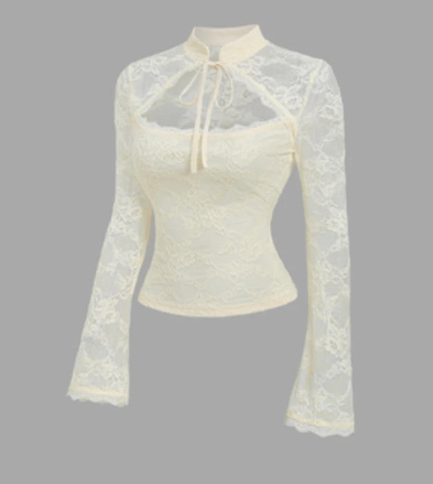 Nueva blusa de encaje estilo chino con mangas acampanadas, cuello alto pequeño, elegante y 