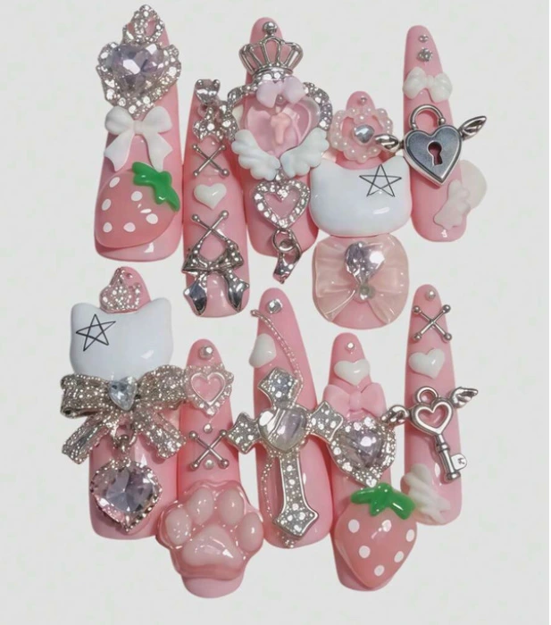 10 piezas de uñas postizas rosas kawaii con diseño de gato, letra y lazo, decoración bidimensional