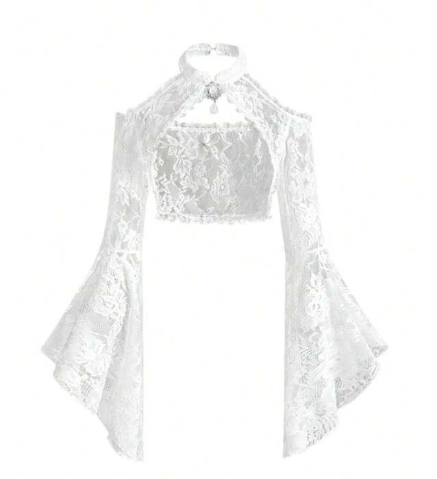 Goth Top corto halter de encaje transparente con mangas acampanadas, estilo palacio gótico