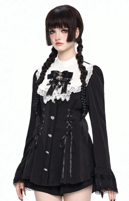 Goth Conjunto de 2 piezas de camisa ajustada con cuello Peter Pan y corbata de moño, y 