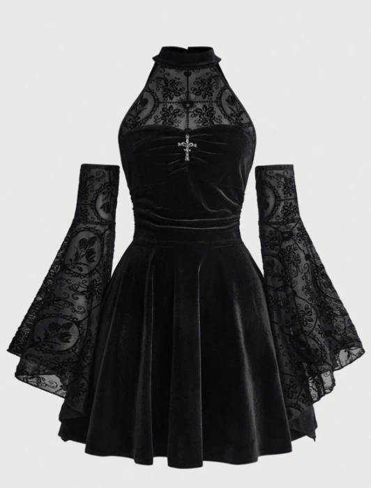 Goth Falda de mujer estilo gótico con hombros calados, mangas de murciélago, patchwork de malla aterciopelada
