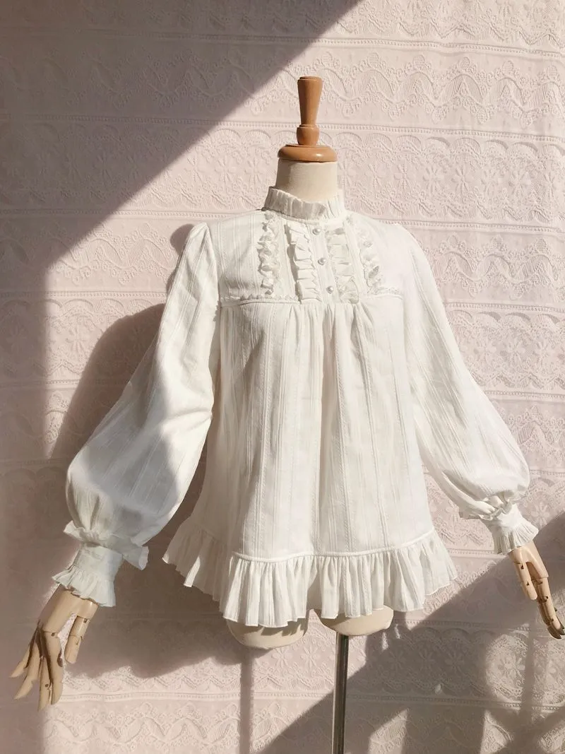 Japanese Fashion Cotton Lolita Long Sleeve Blouse | L / Milk white without velvet