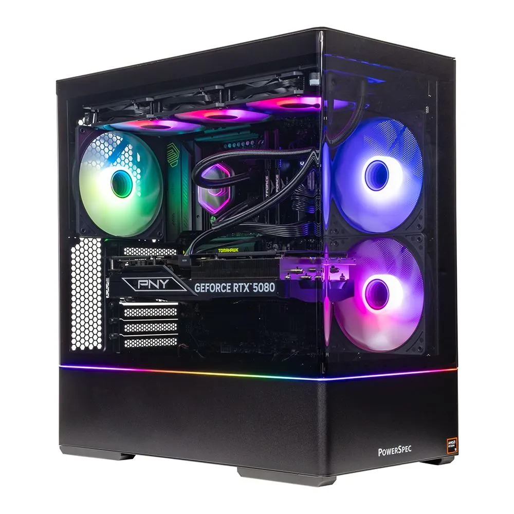 PowerSpec G913 Gaming PC; AMD Ryzen 9 9900X3D 4.4GHz Processor; NVIDIA GeForce RTX 5080 16GB GDDR7; 64GB DDR5-6000 RAM; 2TB Solid State Drive; Microsoft Windows 11 Home; 5GbE LAN; WiFi 7 802.11be; Bluetooth 5.4; 360mm AIO Liquid Cooler