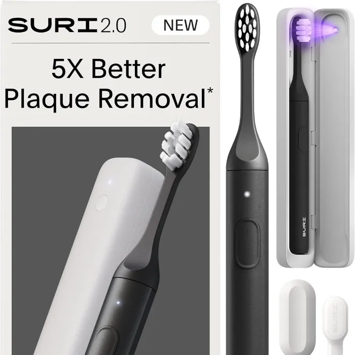SURI Pro Sonic Electric Toothbrush | Over 4+ Weeks Battery | UV Cleaning Travel Case | Pressure Sensor | Aluminium Body | 2-Minute Timer | Plant-Based Head | Black - Midnight Black - Case + SURI Pro