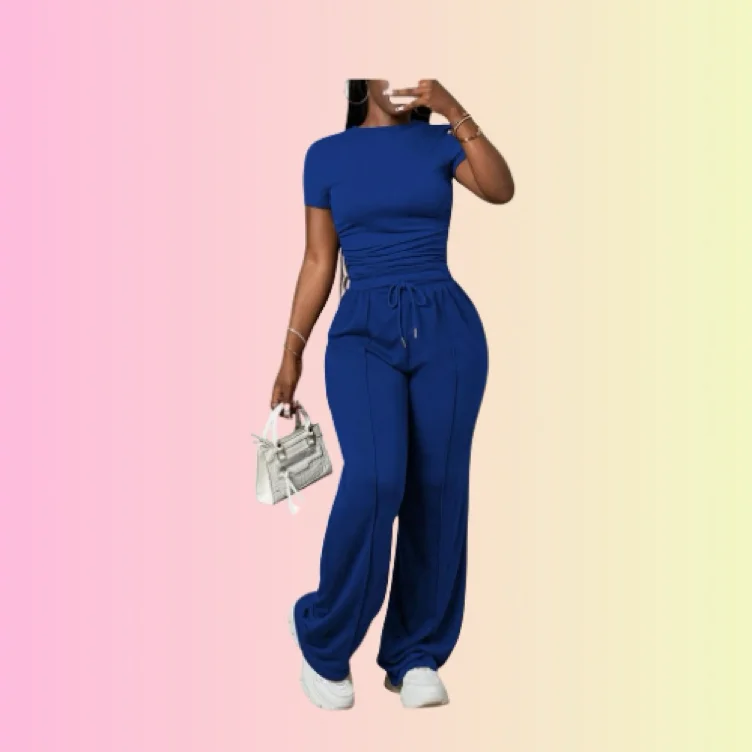 PINSV Women's 2 Piece Outfits Lounge Sets Ruched Short Sleeve Tops and Wide Leg Pants Tracksuit - Blue - X-Large