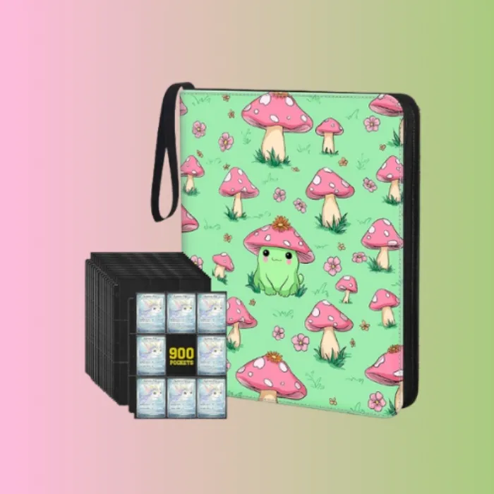 UGYAZX Cute Frog & Mushroom 9-Pocket Trading Card Binder Album, 900 Card Zipper Binder with 50 Removable Sleeves, Refillable 3-Ring Card Book for MTG, TCG and Sports Cards, Fits 2.5" x 3.5" Cards - Frog & Mushroom