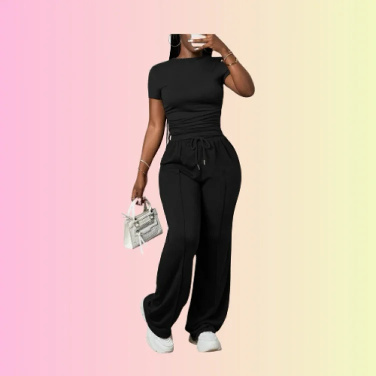 PINSV Women's 2 Piece Outfits Lounge Sets Ruched Short Sleeve Tops and Wide Leg Pants Tracksuit - Black - X-Large