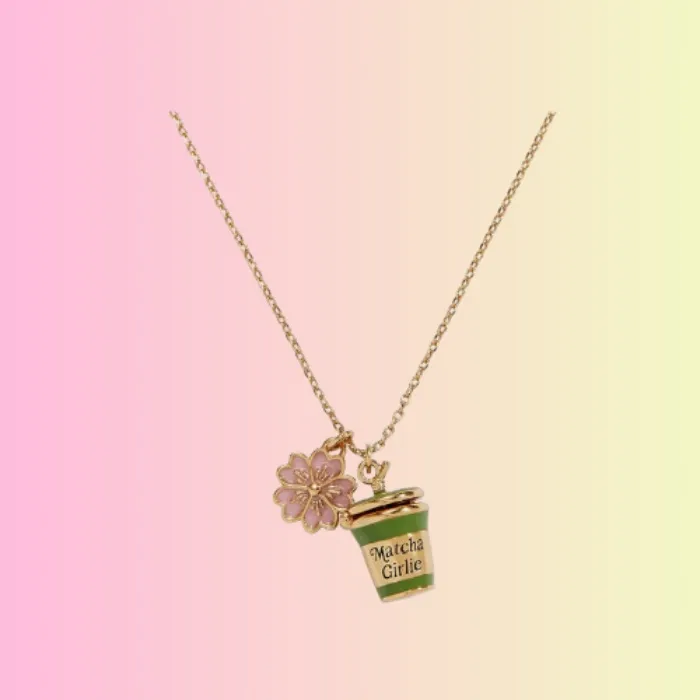 ALEX AND ANI Matcha Girlie Necklace | Iced Matcha Charm Opens to Crystal Ice Cubes with Cherry Blossom | Gold-Plated & Enamel | Charm Necklace | Coffee & Tea Lover Gift
