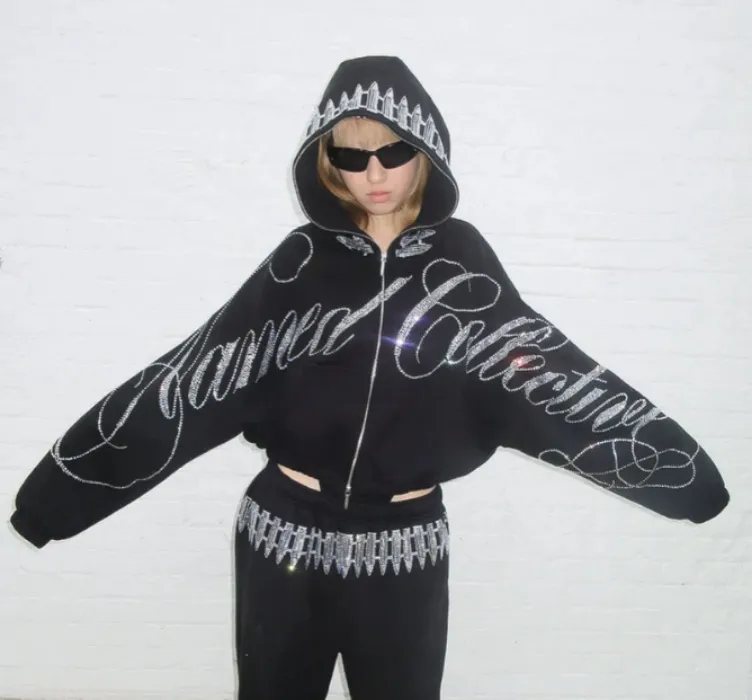 NAMED RHINESTONE CROP ZIP HOODIE BLACK