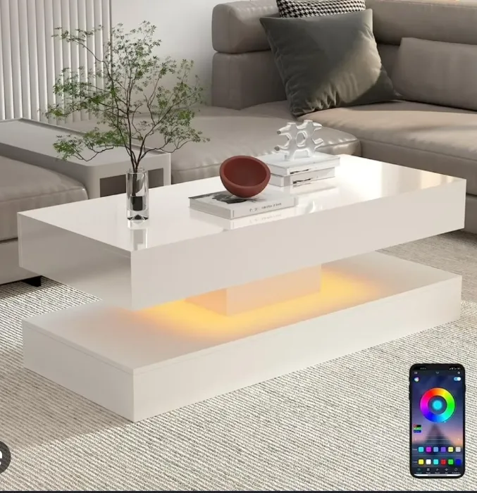 ChVans 47.3" High Glossy LED Coffee Table with 2 Sliding Storage Drawers, Living Room Coffee Table w/APP Control LED Lights, Modern Double-Layer Center Tables Large Furniture, White