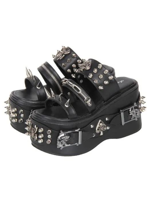 Black Metallic Punk Gothic Studded Platform Sandals