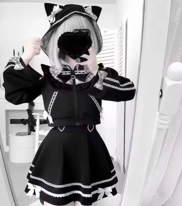 Japanese Style Kawaa Sweet 2 Piece Set Lolita Cute Hooded Short Coat Lace Patchwork Y2k  Mini Skirt Harajuku Fashion Suit Woman - AliExpress 