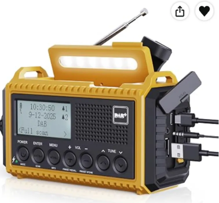  Portable Solar Radio with Crank, 5000mAh Rechargeable Battery, LCD Display, USB Port, Headphone Jack, Flashlight, SOS, Mono/Stereo