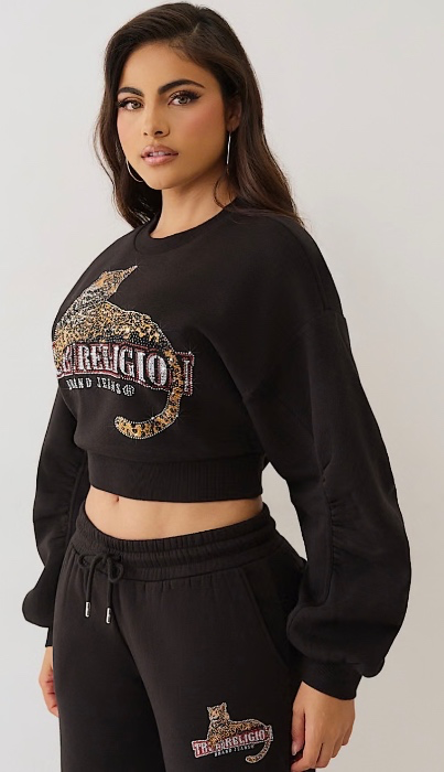 CRYSTAL LEOPARD RUCHED LONG SLEEVE PULLOVER | True Religion