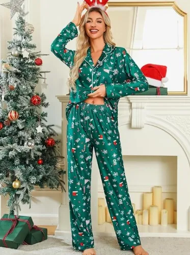 Pyjama Set Long Sleeve Button Down Nightwear Soft Sleepwear for Men and Women - Women - S - Green Hat