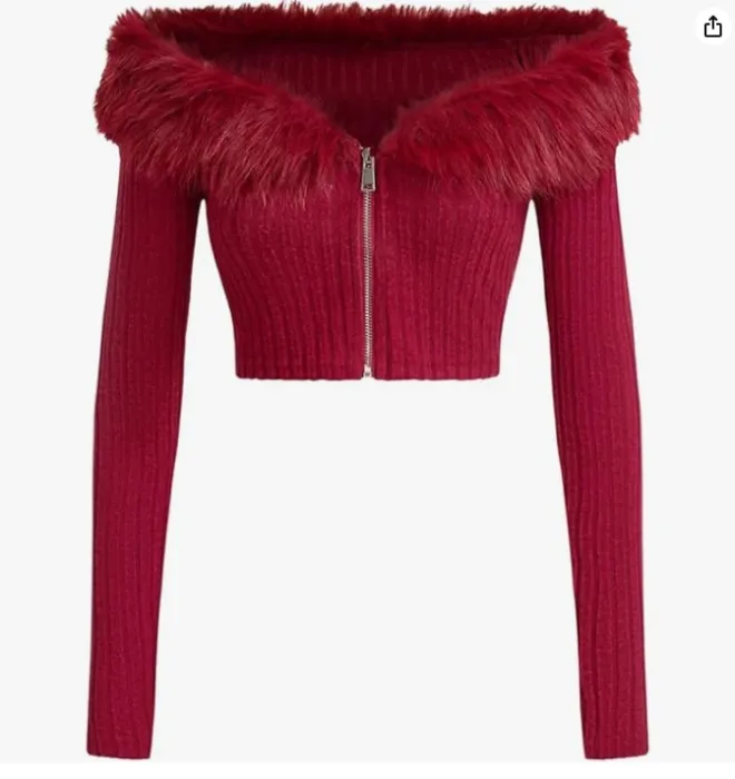 Women's Faux Fur Off Shoulder Crop Coat Zip Up