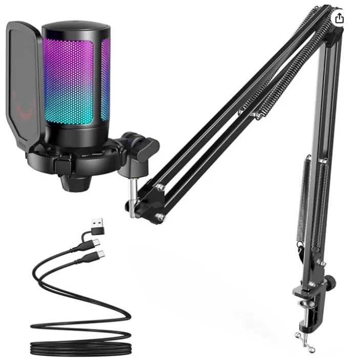 FIFINE Gaming PC USB Microphone, Podcast Condenser Mic with Boom Arm