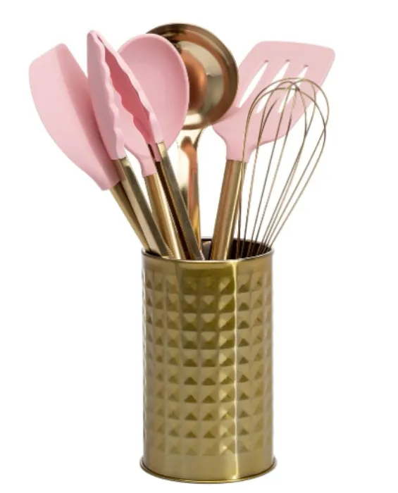 Kitchen Set Tool Crock with Silicone Cooking Utensils, Stainless Steel