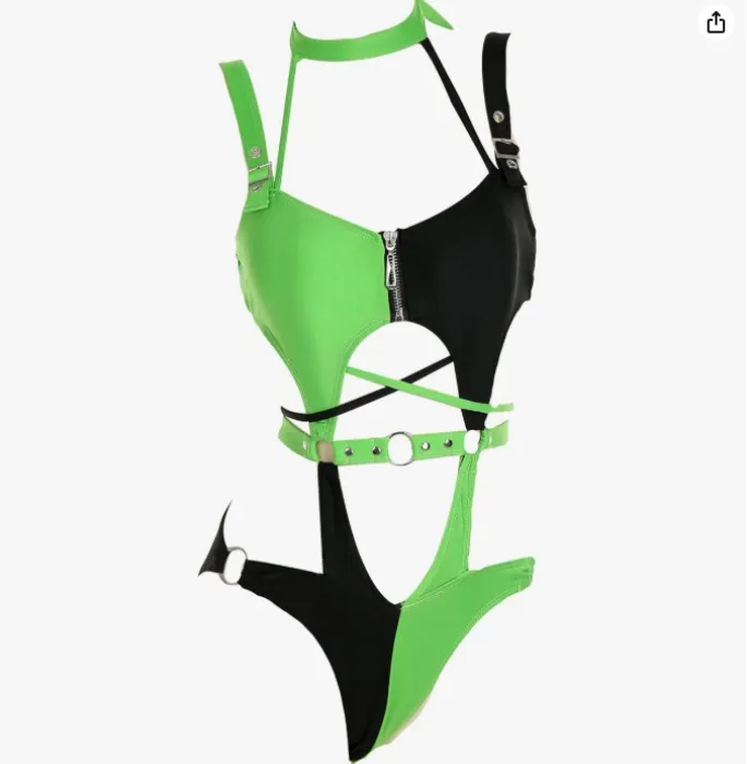MEOWCOS Women's One Piece Swimwear Gothic Swimsuit Green and Black Spliced Cutout Bathing Suit