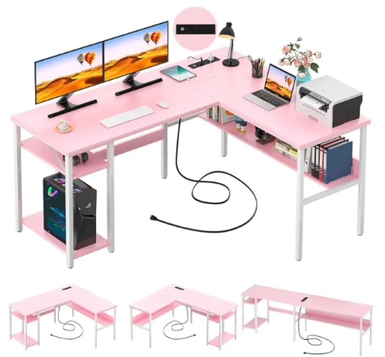 Pink L-Shaped Desk with Outlets