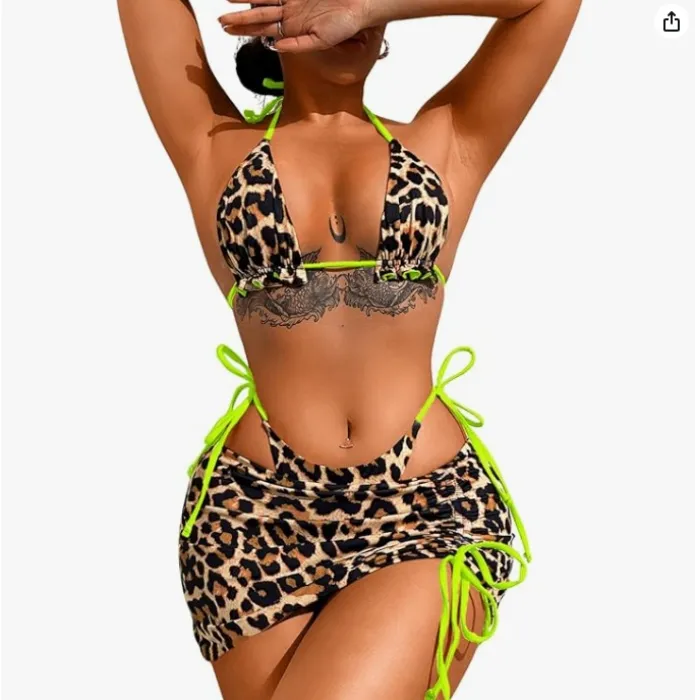 Womens 3 Piece Leopard Bikini Set,Triangle String High Cut