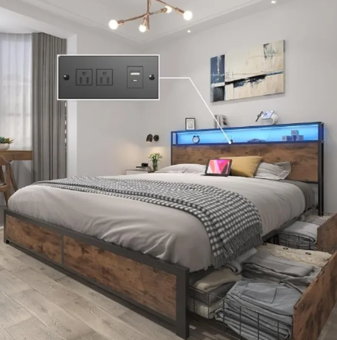 Lifezone Queen Bed Frame with 2-Tier Storage Headboard