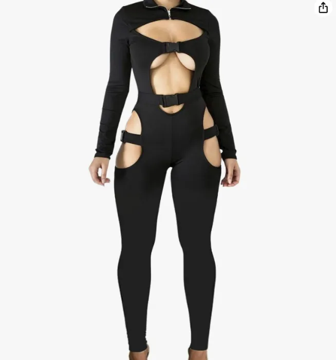 Women Sexy Bodycon Buckle Jumpsuits Long Sleeve Hollow Out One Piece Outfit