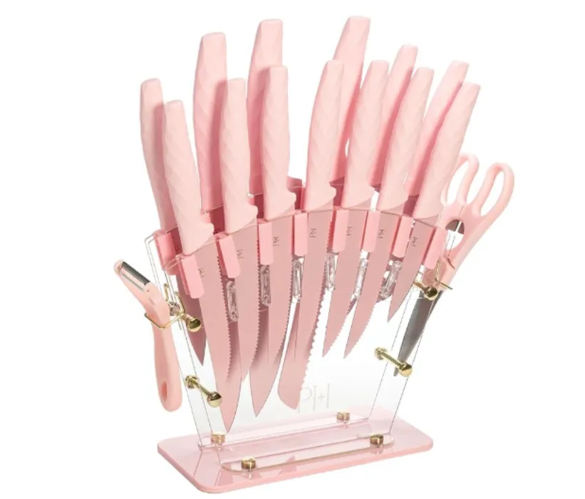 Knife Block Set with Fan Style Clear Acrylic Knife Block, Premium Stainless Steel Blades