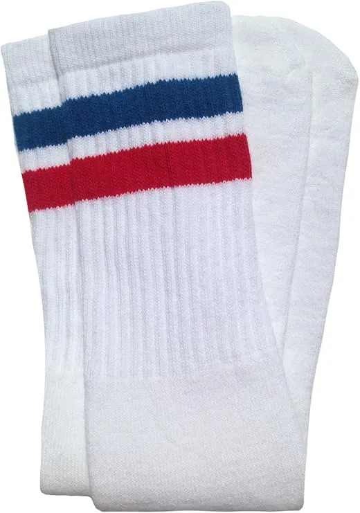SKATERSOCKS Skater Socks 25" Knee High Tube Socks - White/Blue-red Stripes Style 2