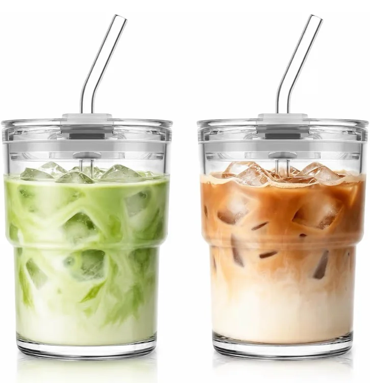 2-Pack 13oz Glass Tumbler with Glass Straw and Lid