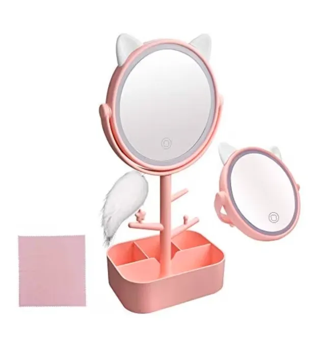 Vanity Desk Mirror with Lights + Cat Ears and Tail Clip-on