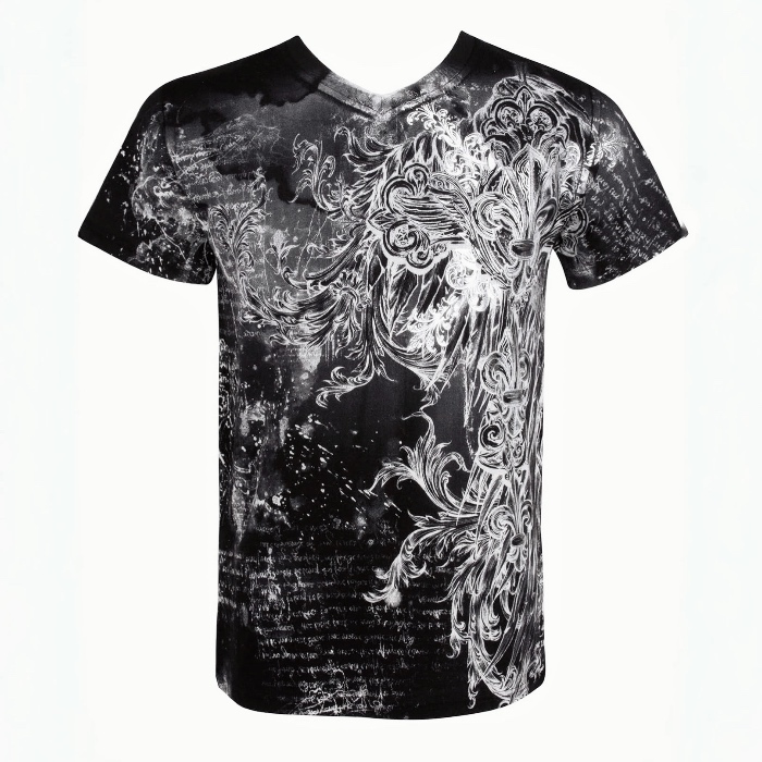 Sakkas Vines and Fleur De Lis Metallic Silver Embossed Short Sleeve V-Neck Cotton Mens Fashion T-Shirt - S - Black