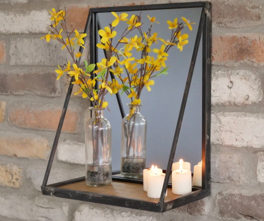 Industrial Metal Mirror With Wooden Shelf Wall Mounted Rustic Vintage Storage