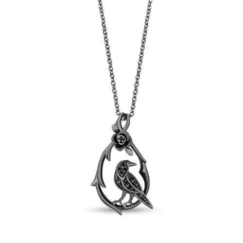 Enchanted Disney Villains Maleficent 1/10 CT. T.W. Black Diamond Diablo on Rose Vine Pendant in Sterling Silver – 19" | Zales