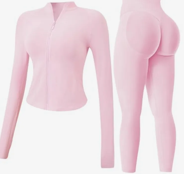 JN JANPRINT Women's 2pcs Gym Sets Tracksuit Sweatsuit Yoga Suit Long Sleeve Activewear Zip Up Top Workout Leggings Fitness Clothing - XS - Pink