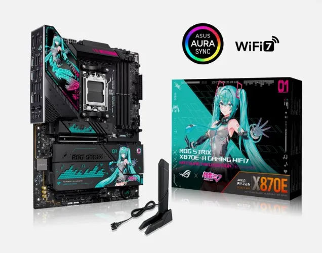 NeweggBusiness - ASUS ROG STRIX X870E-H GAMING WIFI7 HATSUNE MIKU EDITION AMD X870E ATX motherboard, 16+2+1 power stages, Dynamic OC Switcher, Core Flex, DDR5, WiFi 7, 4x M.2, PCIe 5.0, dual USB4, USB 10Gbps Type-C